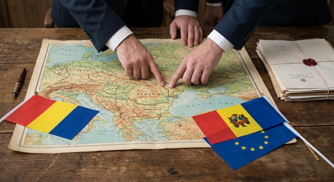 Two people in business suits point at a detailed Europe map on a wooden table, with Romanian and Moldovan flags nearby.