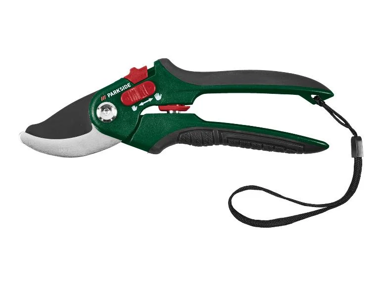 Ergonomic green and black pruning shear with red tension knob and wrist strap for gardening.
