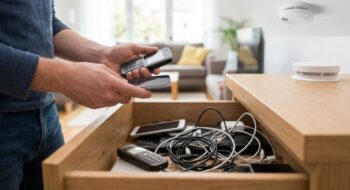 Person standing by an open drawer filled with tangled charging cables and several mobile devices in a living room.