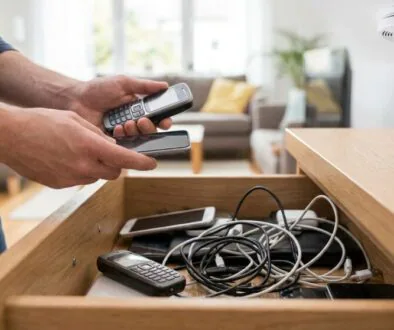 Person standing by an open drawer filled with tangled charging cables and several mobile devices in a living room.