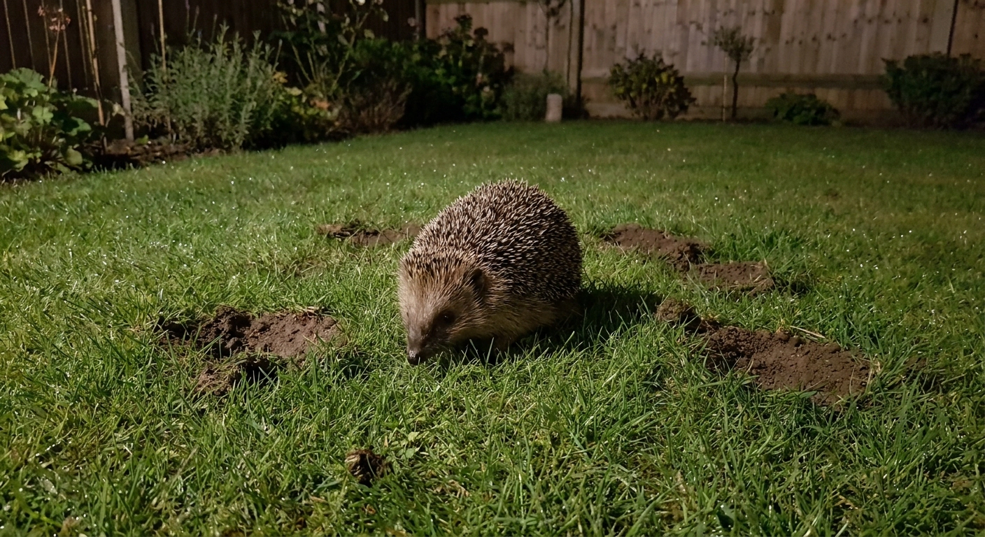 Hedgehog sniffing the grass in a backyard at night, with small mole holes in the lawn and a wooden fence in the background, dew on the blades.