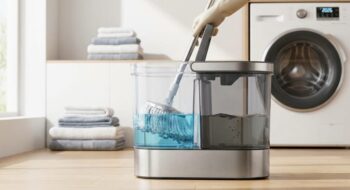Self-wringing mop bucket with a blue-water reservoir and mop attached, set on a wooden floor beside a front-loading washing machine in a laundry room.