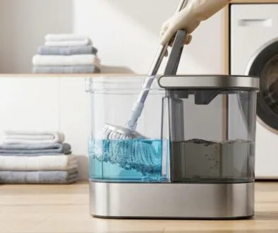 Self-wringing mop bucket with a blue-water reservoir and mop attached, set on a wooden floor beside a front-loading washing machine in a laundry room.