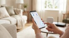 Person in a cozy living room uses a smartphone to control smart home devices via a home app on screen, with a router visible in the background.