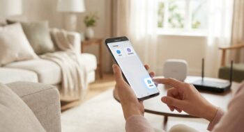 Person in a cozy living room uses a smartphone to control smart home devices via a home app on screen, with a router visible in the background.