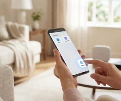 Person in a cozy living room uses a smartphone to control smart home devices via a home app on screen, with a router visible in the background.