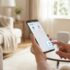 Person in a cozy living room uses a smartphone to control smart home devices via a home app on screen, with a router visible in the background.