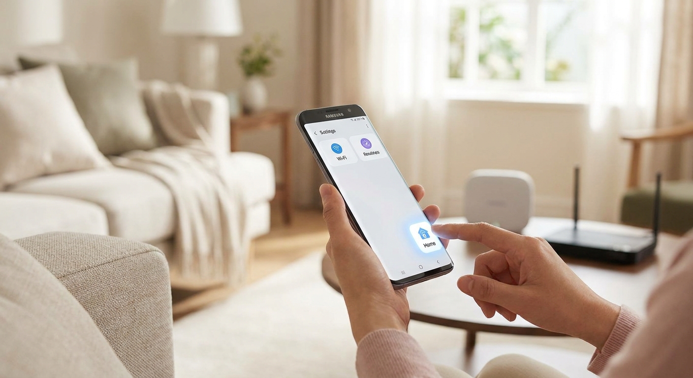 Person in a cozy living room uses a smartphone to control smart home devices via a home app on screen, with a router visible in the background.