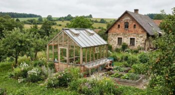 Garden scene with a wooden-framed greenhouse beside a stone cottage; a person tends raised veggie beds amid flowers.