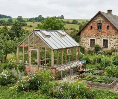 Garden scene with a wooden-framed greenhouse beside a stone cottage; a person tends raised veggie beds amid flowers.