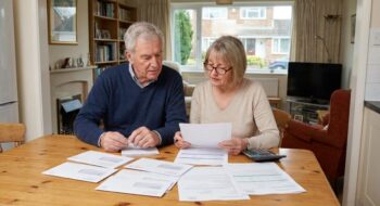 Couple reviewing several documents at a wooden dining table in a living room, using a calculator nearby.