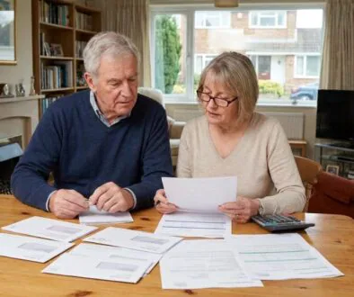 Couple reviewing several documents at a wooden dining table in a living room, using a calculator nearby.