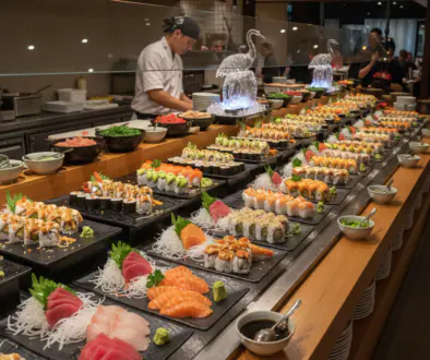 Row of sushi platters with assorted nigiri and rolls lined along a long buffet counter, chefs visible in the background.