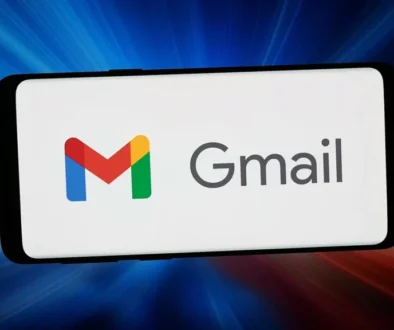Smartphone screen showing the Gmail app logo: a colorful M icon with the gray 'Gmail' text on a white background