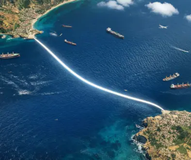 Aerial view of a glowing curved white line across the sea, connecting a rocky coastline to a coastal town, with several ships nearby.