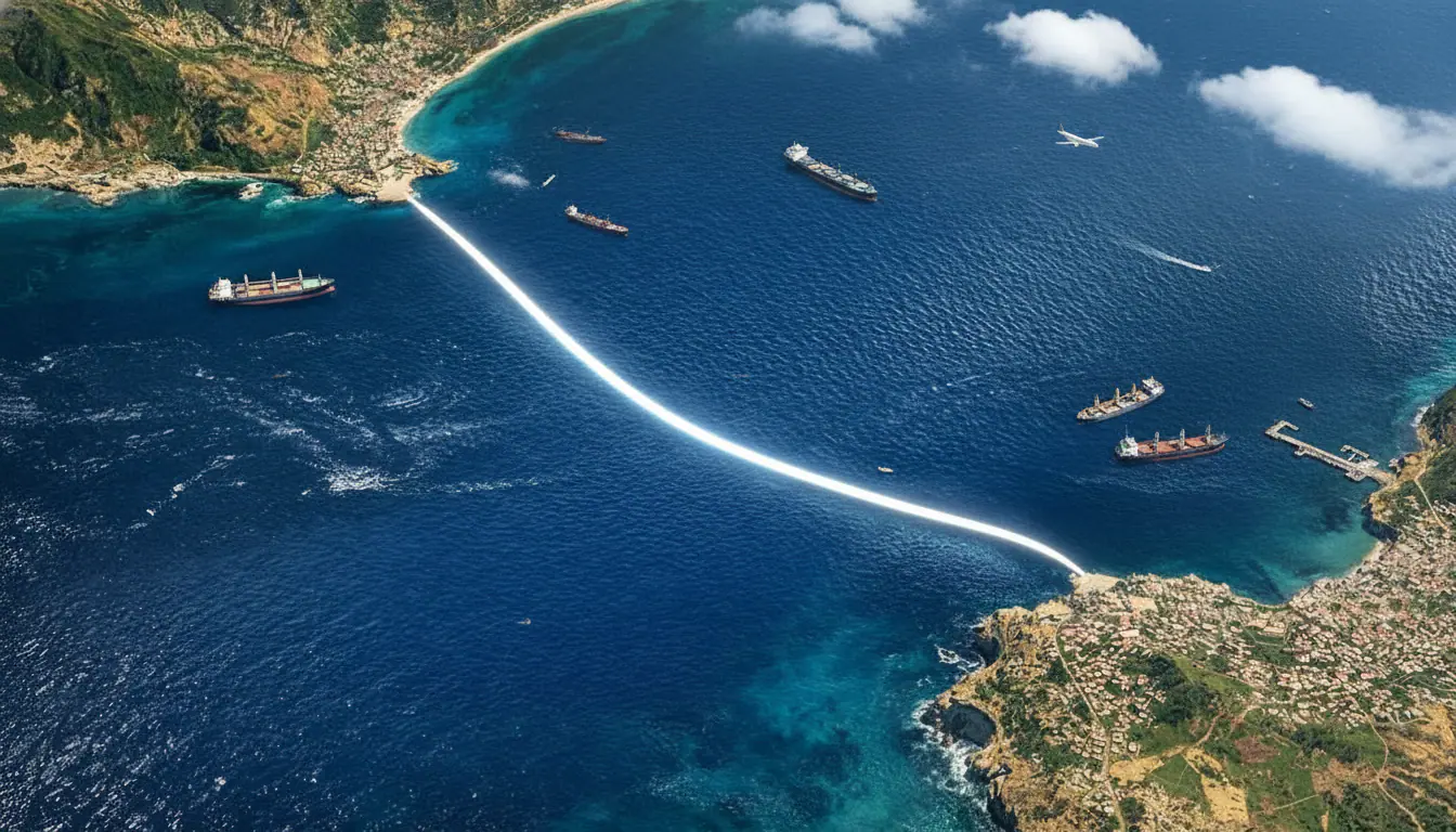 Aerial view of a glowing curved white line across the sea, connecting a rocky coastline to a coastal town, with several ships nearby.