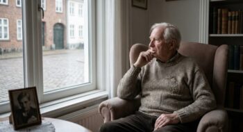 Older man sits in a beige armchair by a window, hand to chin, deep in thought with a framed photo on the table nearby