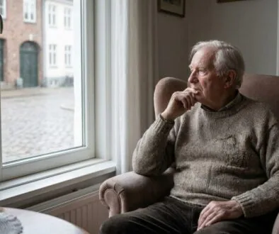 Older man sits in a beige armchair by a window, hand to chin, deep in thought with a framed photo on the table nearby