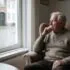 Older man sits in a beige armchair by a window, hand to chin, deep in thought with a framed photo on the table nearby
