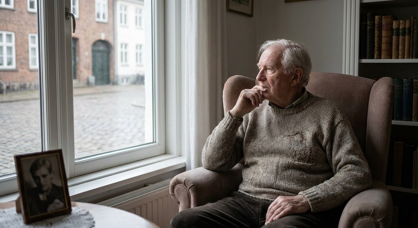 Older man sits in a beige armchair by a window, hand to chin, deep in thought with a framed photo on the table nearby