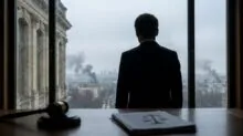 silhouette of a man in a suit facing a rain-soaked city from a window, with a gavel and legal papers on the desk in the foreground