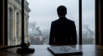 silhouette of a man in a suit facing a rain-soaked city from a window, with a gavel and legal papers on the desk in the foreground