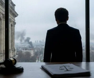 silhouette of a man in a suit facing a rain-soaked city from a window, with a gavel and legal papers on the desk in the foreground