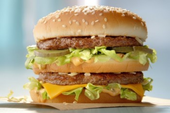 Double cheeseburger with sesame bun, two beef patties, lettuce, pickles, and melted cheese on a paper-wrap surface.