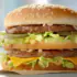 Double cheeseburger with sesame bun, two beef patties, lettuce, pickles, and melted cheese on a paper-wrap surface.