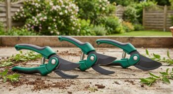 Three green hand pruners with curved blades lying on a wooden surface in a garden day.