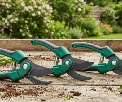 Three green hand pruners with curved blades lying on a wooden surface in a garden day.