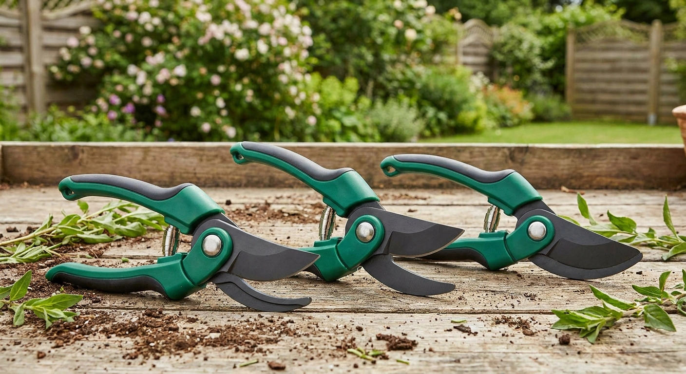 Three green hand pruners with curved blades lying on a wooden surface in a garden day.