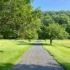 Gravel path winding through a sunny park with lush green grass and trees on both sides, blue sky overhead, and a large overhanging tree branch on the left.