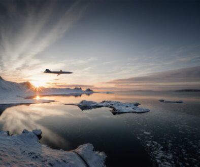 Jet plane flying low over a snowy coastline at sunset with icy mountains in the background and a calm reflective inlet below.