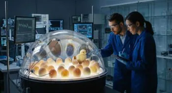 Researchers in blue lab coats monitor a chick hatching inside a dome incubator with many eggs, in a high-tech lab backdrop.