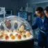 Researchers in blue lab coats monitor a chick hatching inside a dome incubator with many eggs, in a high-tech lab backdrop.