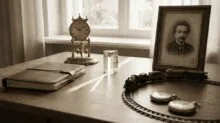 Sepia-toned desk with an antique brass clock, leather notebook, glass prism, framed portrait, a circular toy train on the track, and two pocket watches.