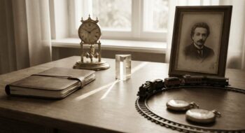 Sepia-toned desk with an antique brass clock, leather notebook, glass prism, framed portrait, a circular toy train on the track, and two pocket watches.