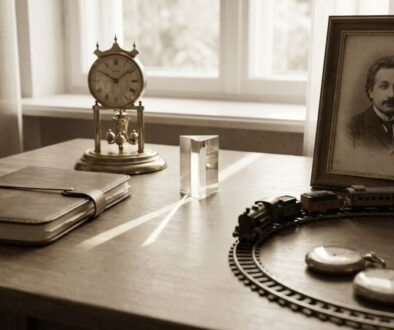 Sepia-toned desk with an antique brass clock, leather notebook, glass prism, framed portrait, a circular toy train on the track, and two pocket watches.