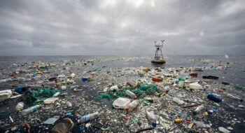 Ocean surface littered with plastic bottles, bags, nets and debris under a cloudy sky, with a small platform in the distance
