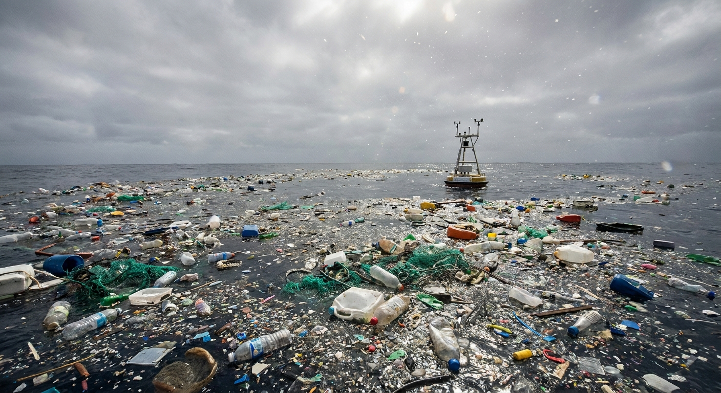 Ocean surface littered with plastic bottles, bags, nets and debris under a cloudy sky, with a small platform in the distance