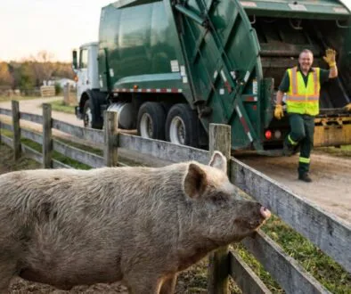 Pig standing by a wooden fence while two workers in reflective vests wave from a green garbage truck in a rural yard.
