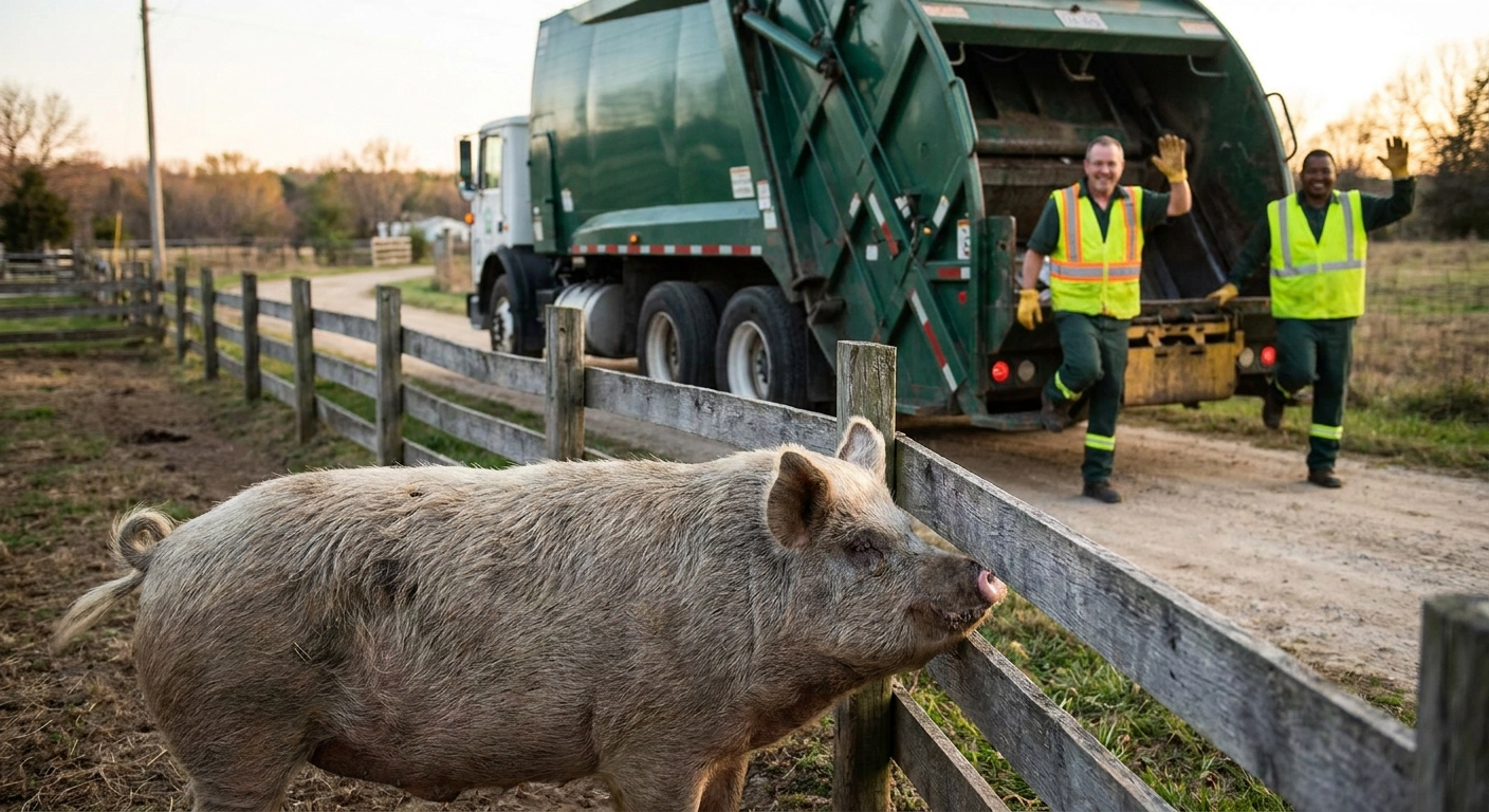 Pig standing by a wooden fence while two workers in reflective vests wave from a green garbage truck in a rural yard.