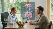 Doctor and patient discussing digestive health with a holographic 3D intestines display between them in a clinic.