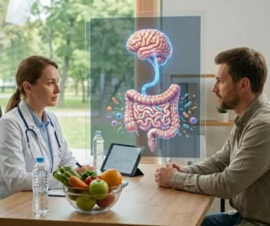 Doctor and patient discussing digestive health with a holographic 3D intestines display between them in a clinic.