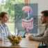 Doctor and patient discussing digestive health with a holographic 3D intestines display between them in a clinic.
