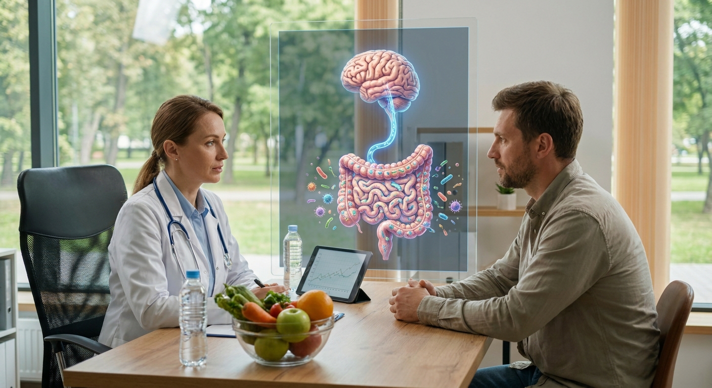 Doctor and patient discussing digestive health with a holographic 3D intestines display between them in a clinic.