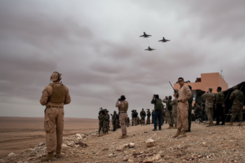 Soldiers in desert terrain watching four jets fly overhead near a military camp.