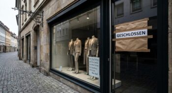 Storefront window displaying three beige suits on mannequins; taped 'GESCHLOSSEN' sign indicates the shop is closed.