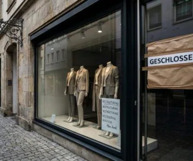 Storefront window displaying three beige suits on mannequins; taped 'GESCHLOSSEN' sign indicates the shop is closed.